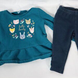 Baby Girls 24 Month Fall Outfit Hello Lovely Teal Top Leggings Fox Unicorn